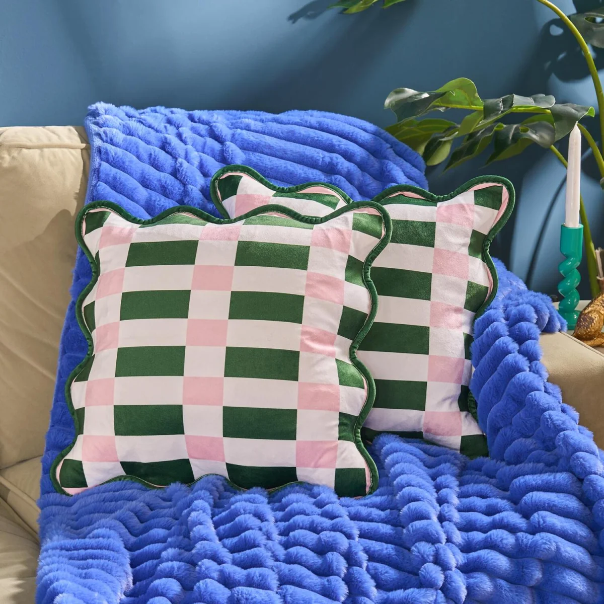 OHS Velvet Scallop Edge Cushion Covers - Green/Pink / Machine washable at 40°C. Tumble dry friendly. Do not bleach or iron. – image 2