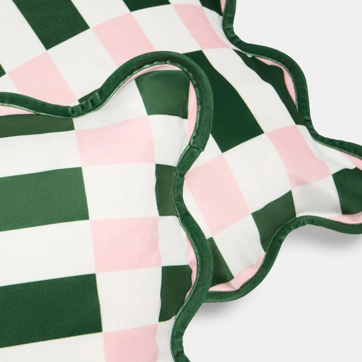 OHS Velvet Scallop Edge Cushion Covers - Green/Pink / Machine washable at 40°C. Tumble dry friendly. Do not bleach or iron. – image 1