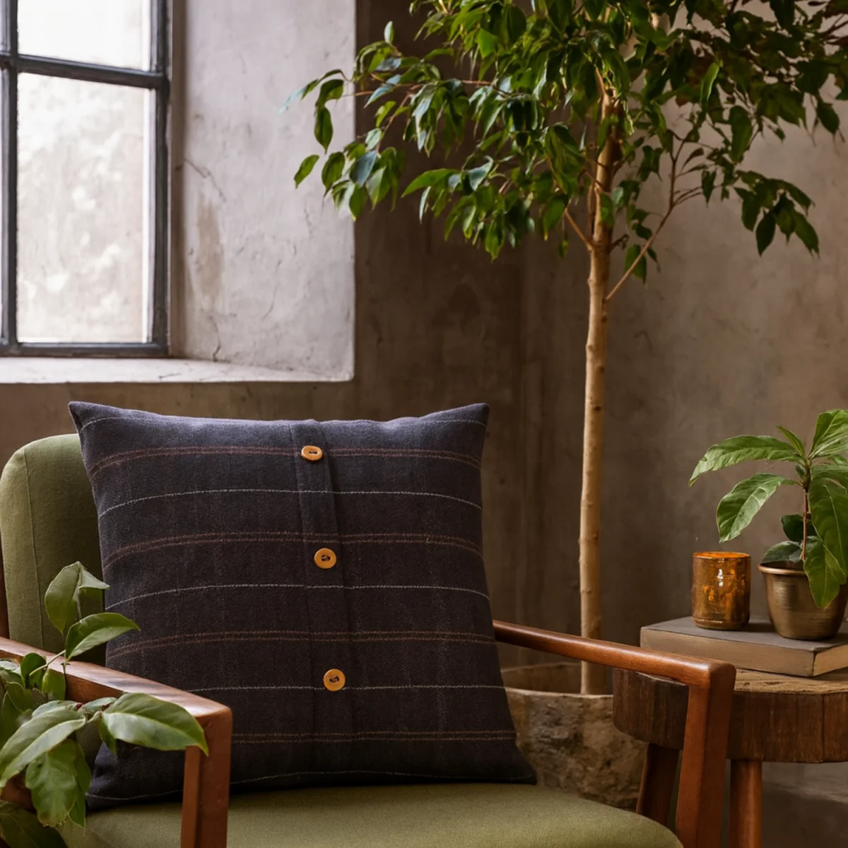 Set of 2 Quimper Pewter Wool Cushion Covers with Button Detail - Grey