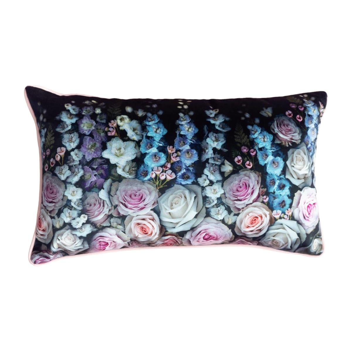 Blue / Black / Pink Rose & Delphinium Cushion Cover Francesca Wild