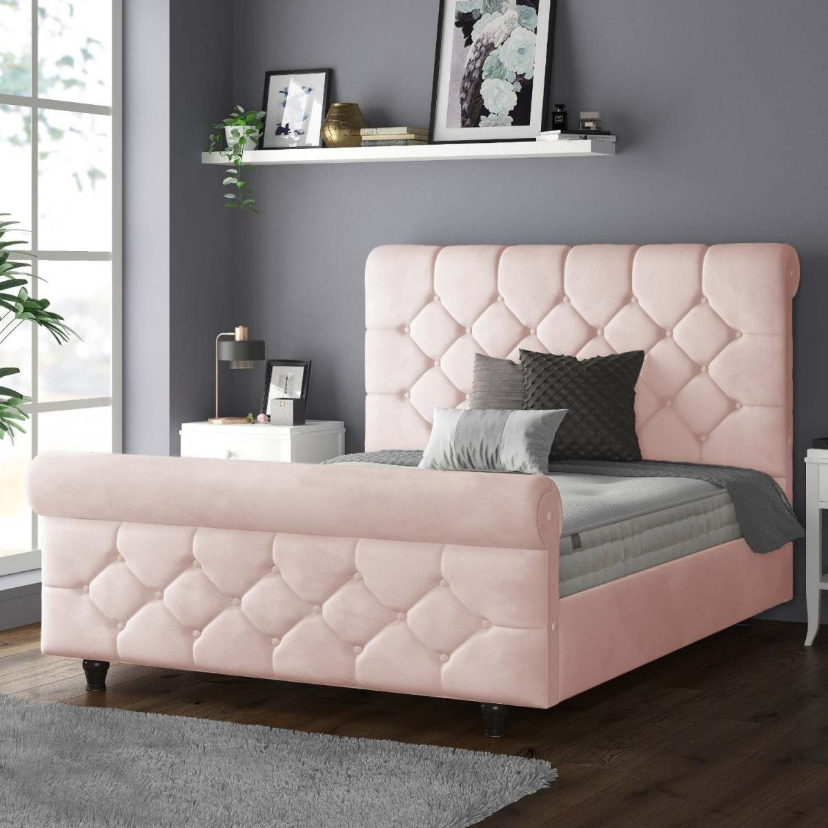 Jasmine Velvet Chesterfield Sleigh Plush Velvet Bed Frame - Pink / Superking