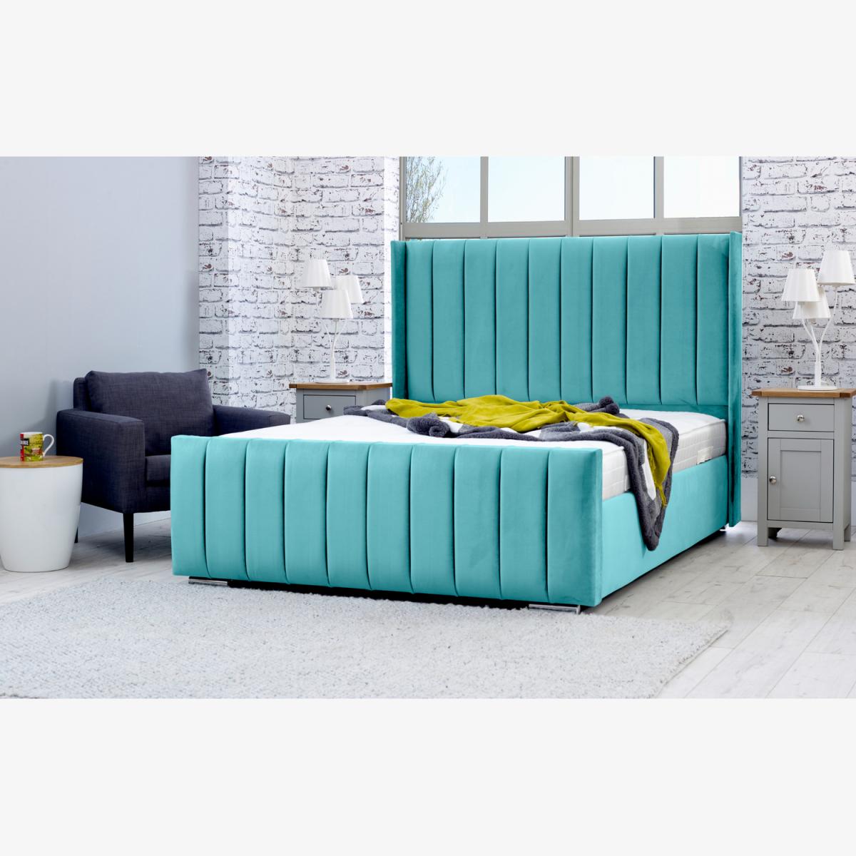 Caira Plush 4 Inch Solid Thick Bed Frame With Winged Headboard - Teal / Superking