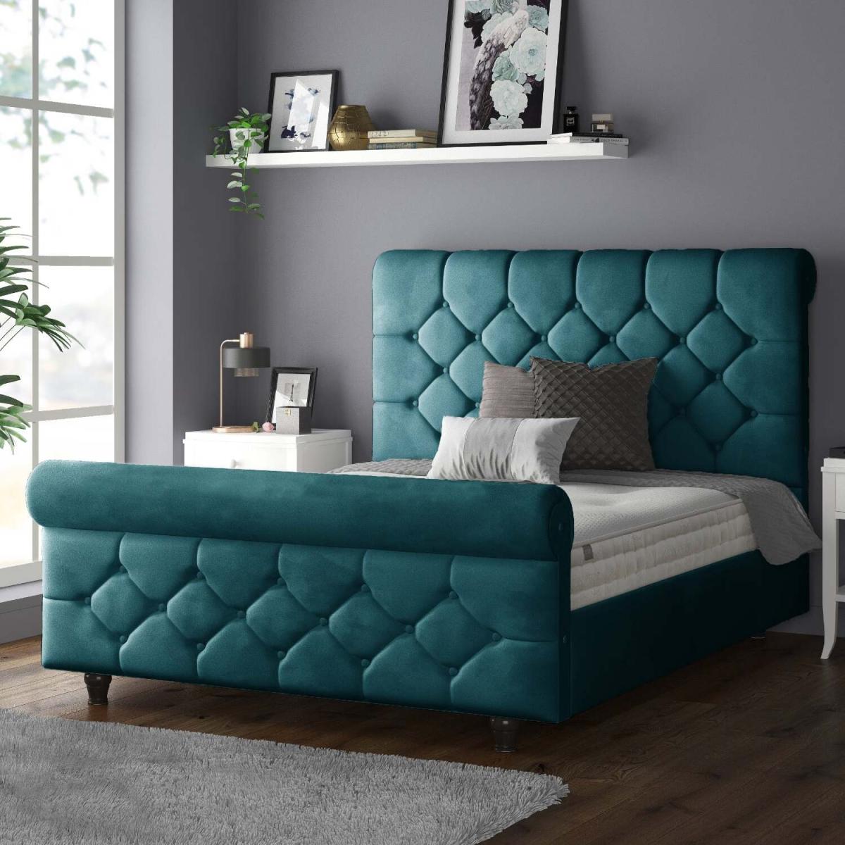 Jasmine Velvet Chesterfield Sleigh Plush Velvet Bed Frame - Mallard / Superking