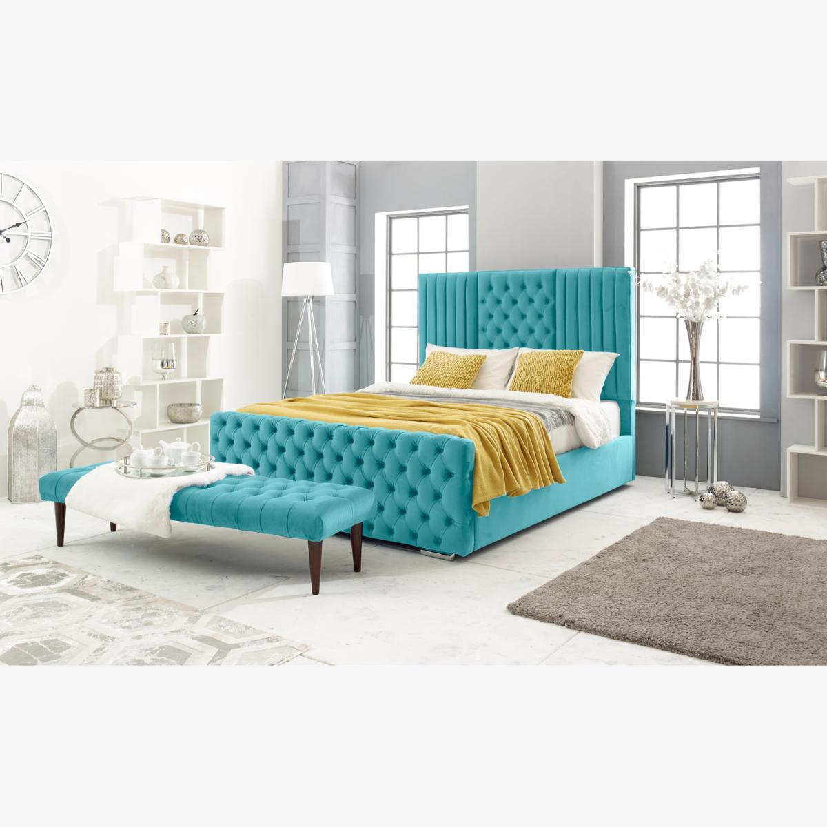 Lorina Plush 4 Inch Solid Thick Bed Frame With Chesterfield Headboard - Teal / Superking