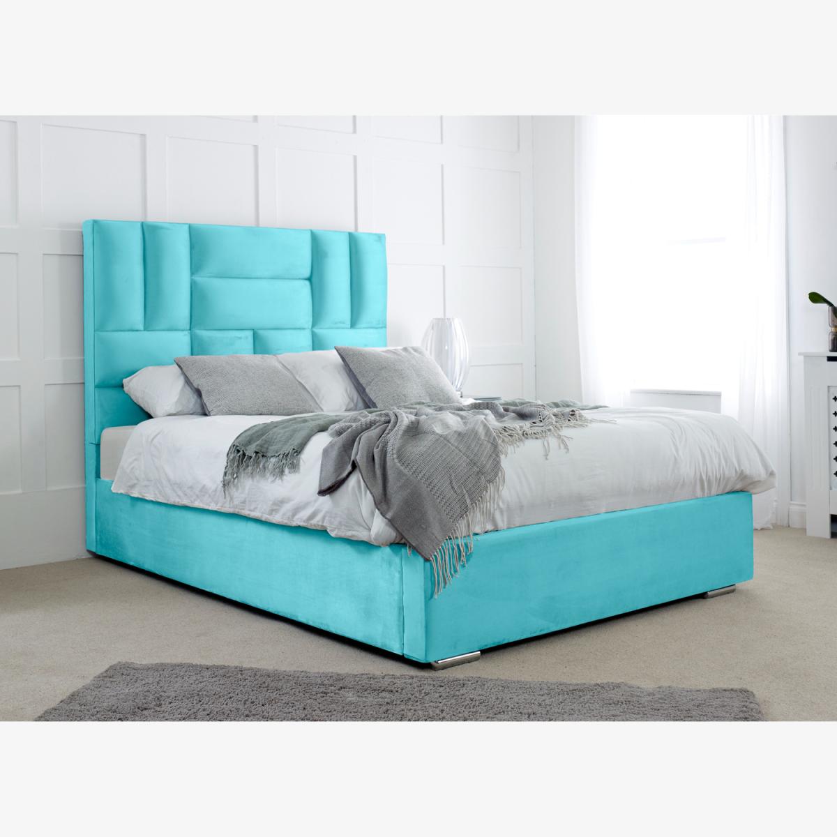 Ofsted Plush 4 Inch Solid Thick Bed Frame With Lined Headboard - Teal / Superking