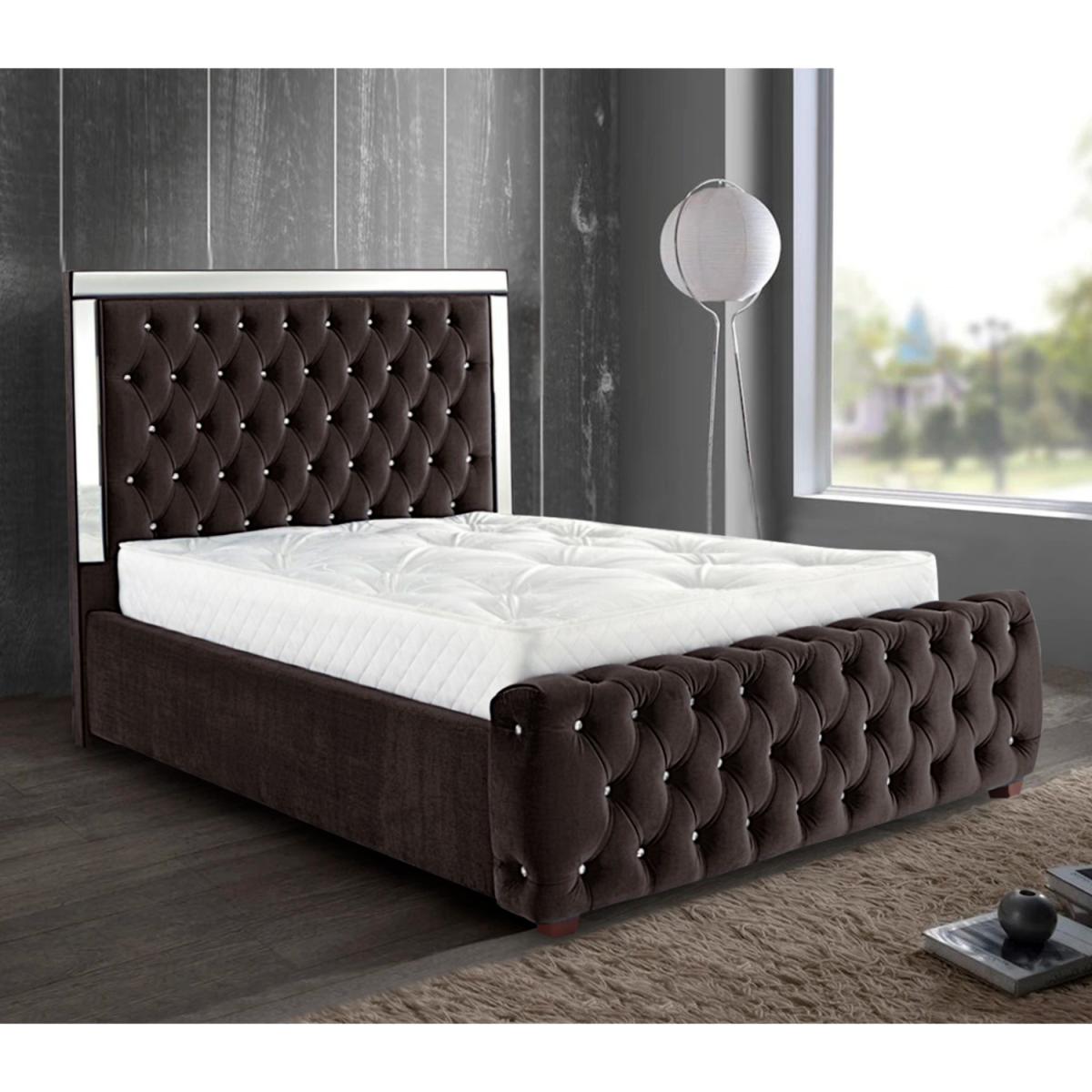 Eberta Mirrored Upholstered Plush Velvet Bed Frame - Brown / Superking – image 2