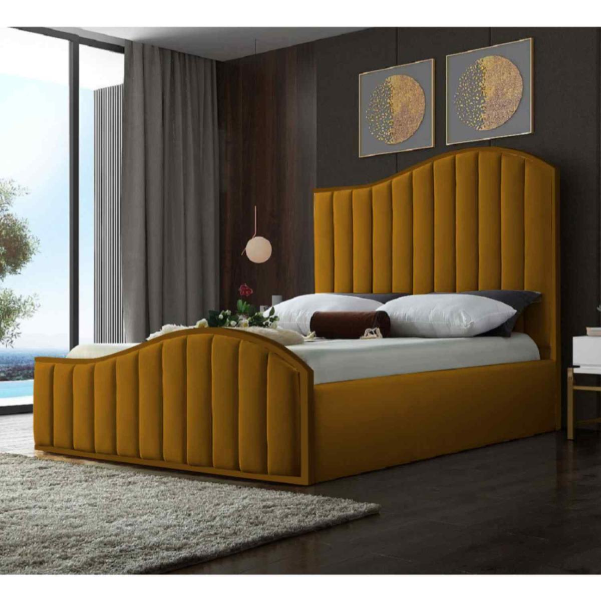 Maria Upholstered Plush Velvet Bed Frame - Yellow / Superking – image 2