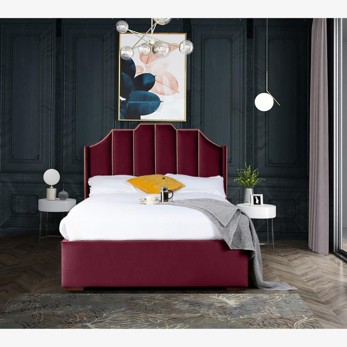 Renz Art Deco Plush Velvet Bed Frame - Maroon / Superking – image 1
