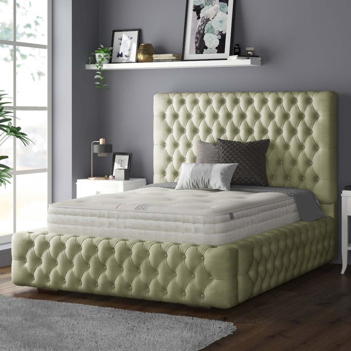 Royal Cushioned Chesterfield Plush Velvet Bed Frame 5 Inch Border - Light Green / Superking