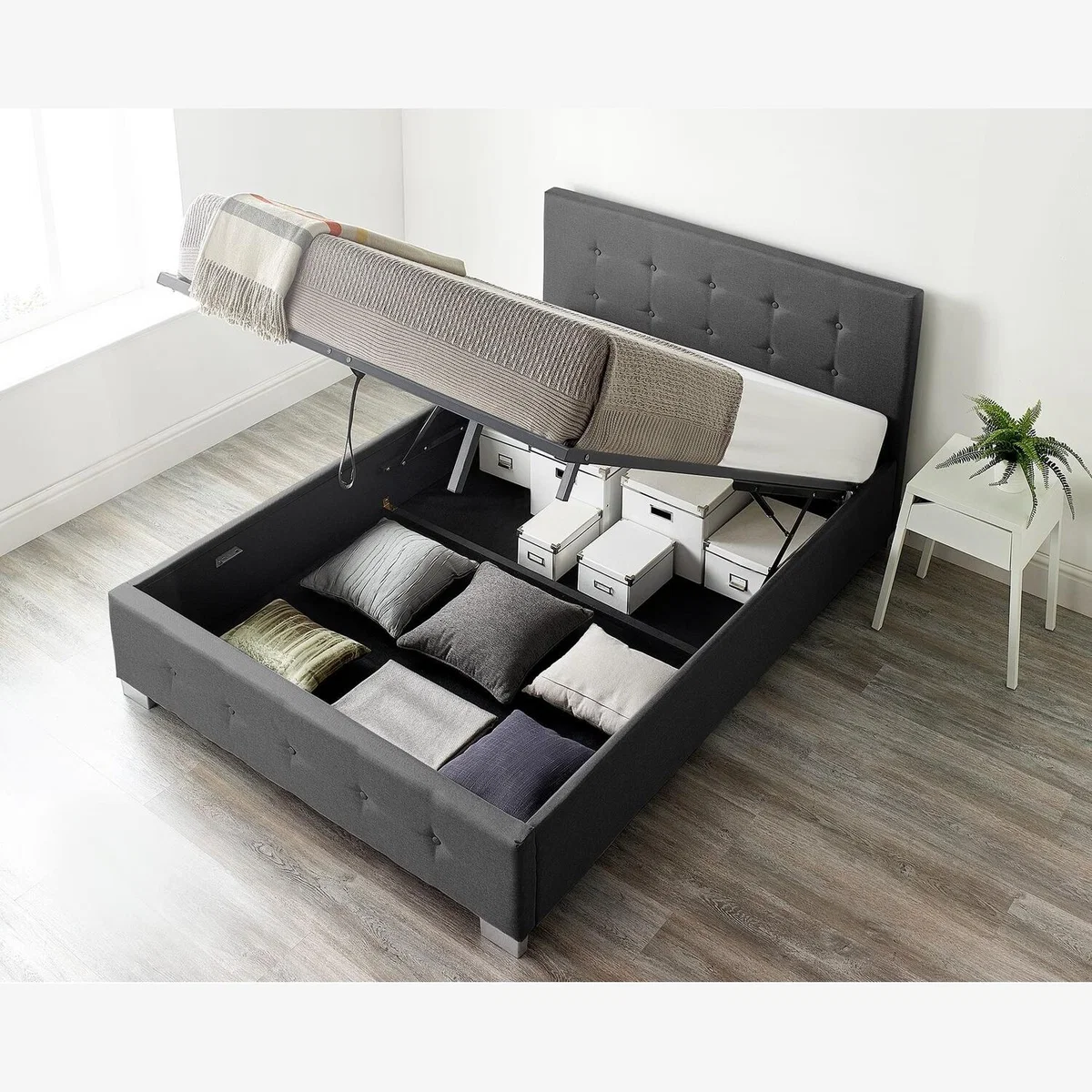 Aspire End Lift Ottoman Storage Bed Super King, Black Linen - Black Linen Fabric – image 1