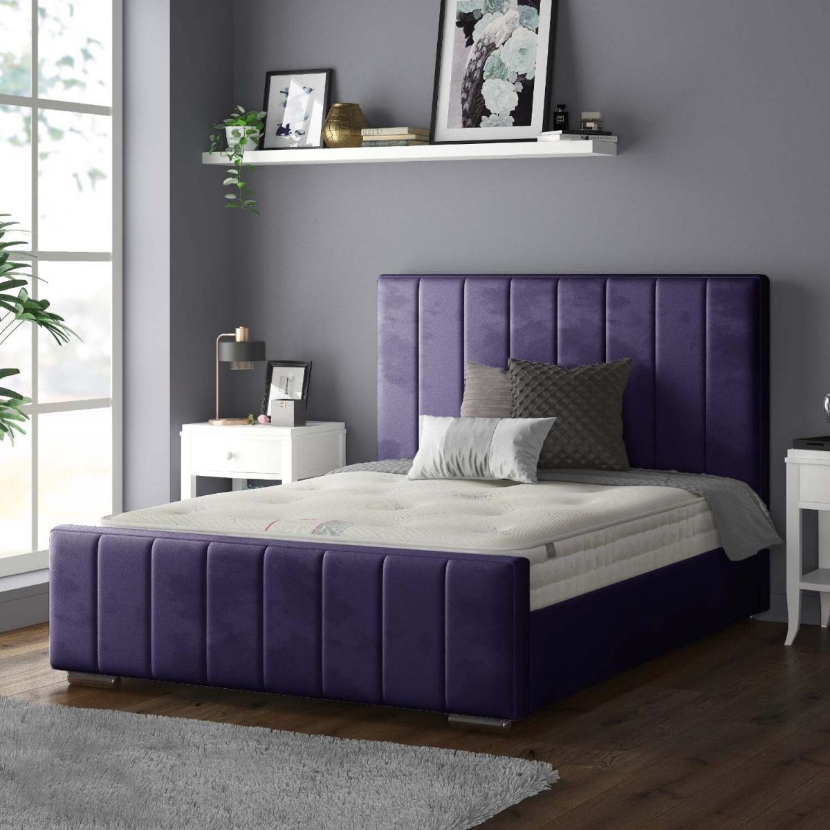 Nala Vertical Striped Plush Velvet Bed Frame - Plum / Superking