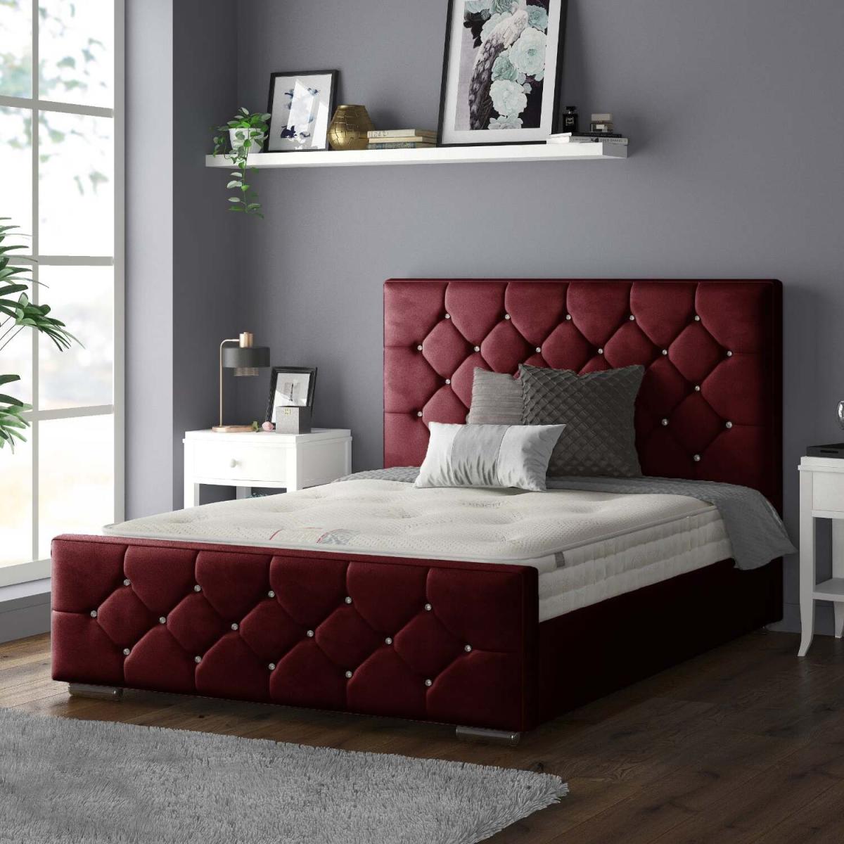Belle Chesterfield Plush Velvet Bed Frame with Diamonds - Burgundy / Superking