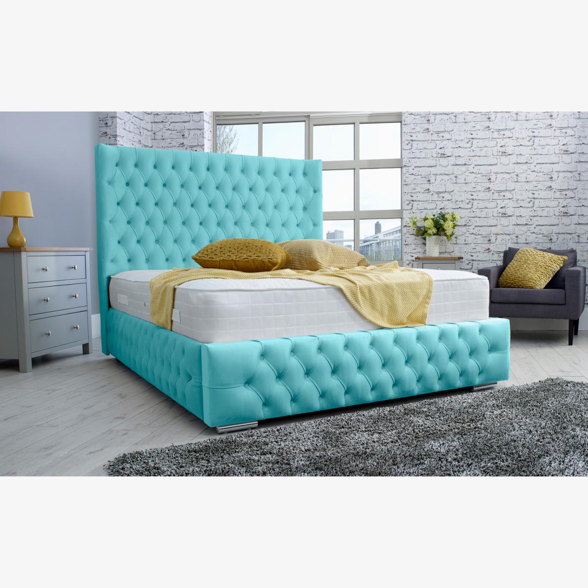 Dino Plush 4 Inch Solid Thick Bed Frame With Curved Headboard - Teal / Superking