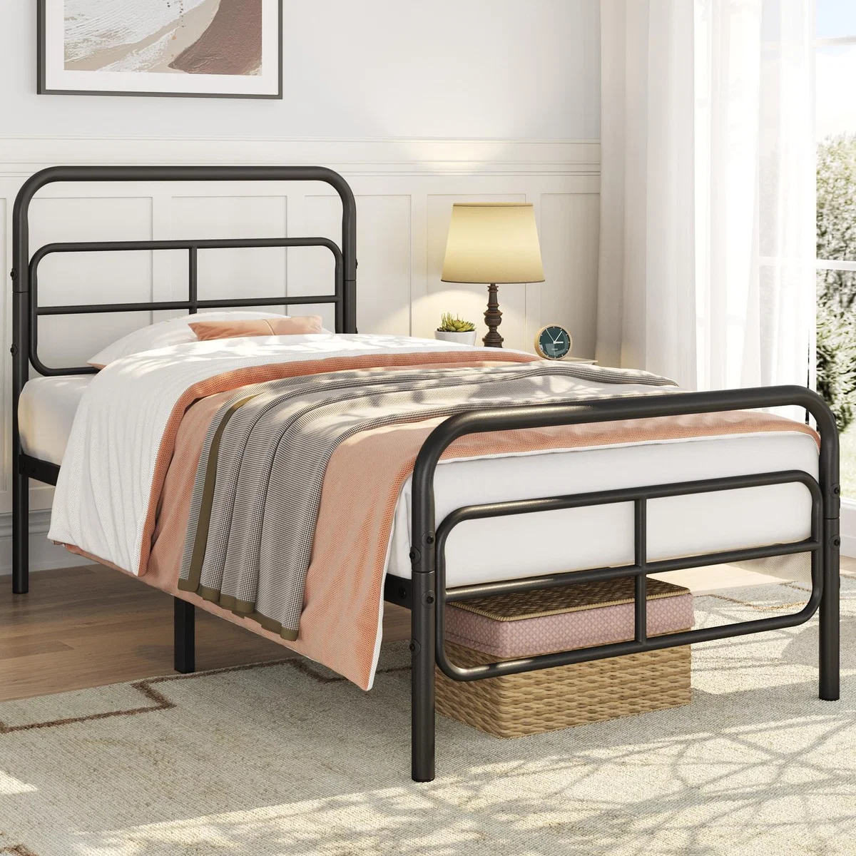 Metal Bed Frame with Geometric Patterned Headboard - Black / Single