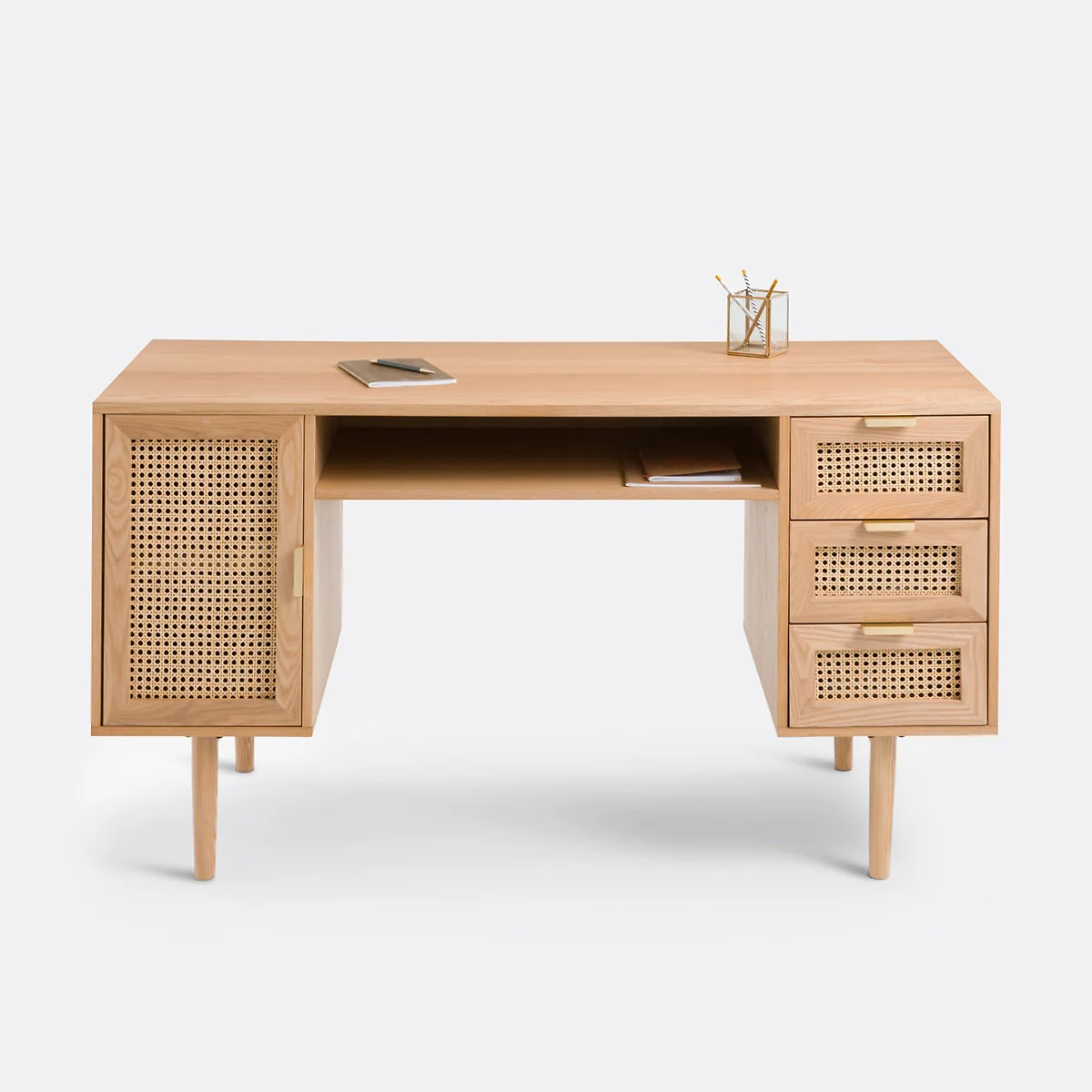 Loris Oak Veneer and Rattan Double Unit Desk – image 2