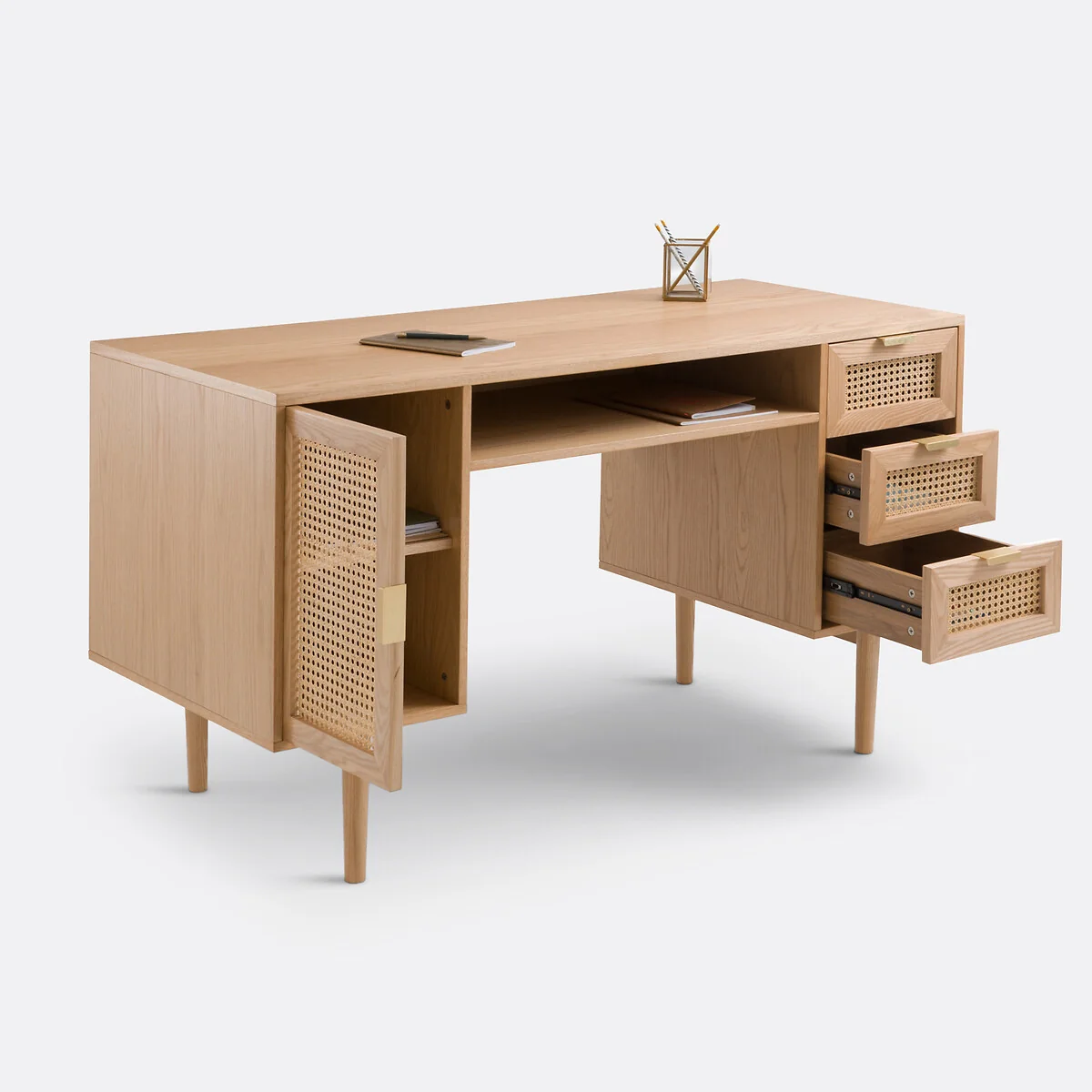 Loris Oak Veneer and Rattan Double Unit Desk – image 3
