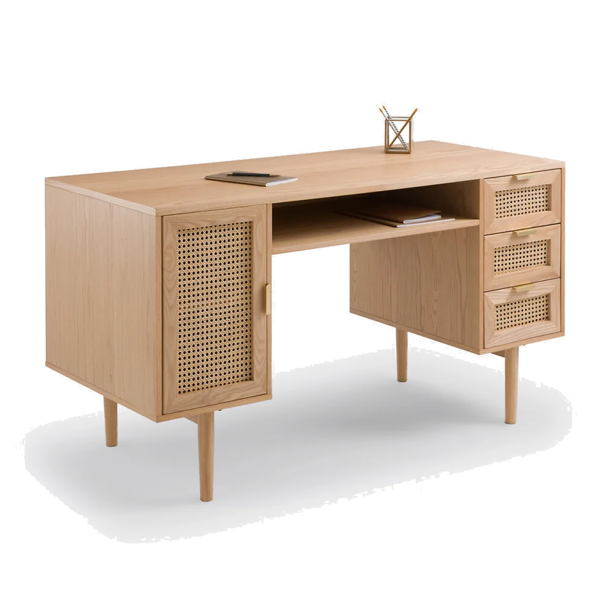 Loris Oak Veneer and Rattan Double Unit Desk – image 1