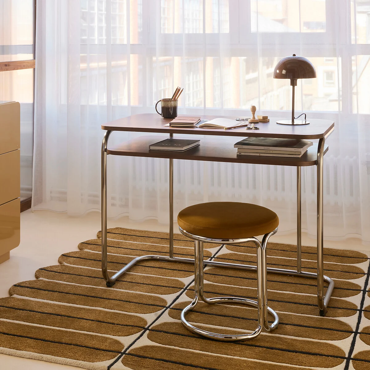 Marsso Walnut Veneer/Polished Steel Two-Tier Desk – image 2