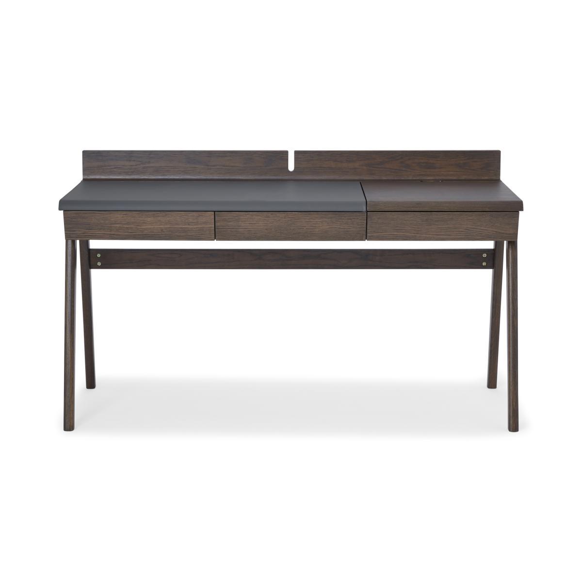 Calama Wide Desk, Dark Stain Oak & Grey Faux Leather – image 2