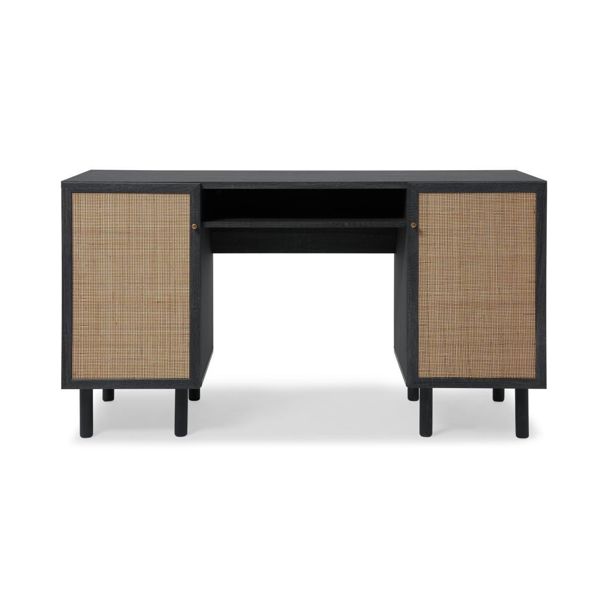 Pavia Wide Desk, Natural Rattan & Black Wood Effect – image 2