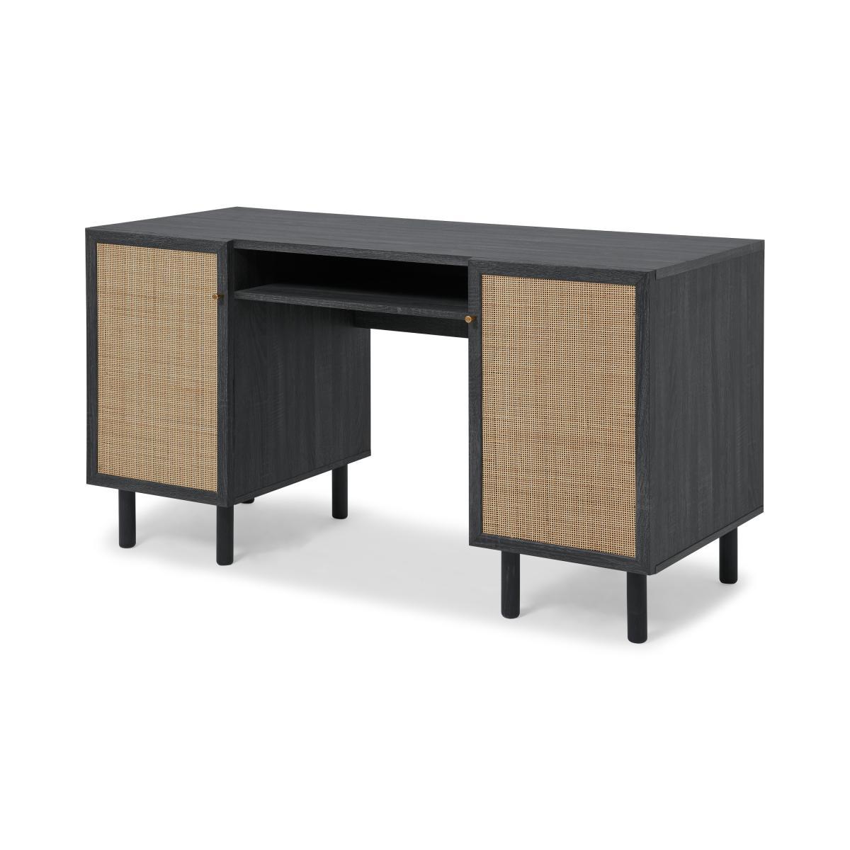Pavia Wide Desk, Natural Rattan & Black Wood Effect – image 3
