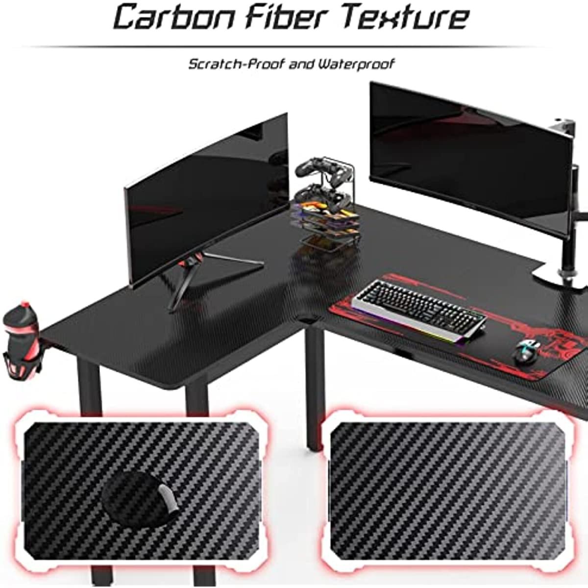 L shaped 155cm Corner Gaming Desk Large Carbon Fiber Desktop Surface - Black – image 5