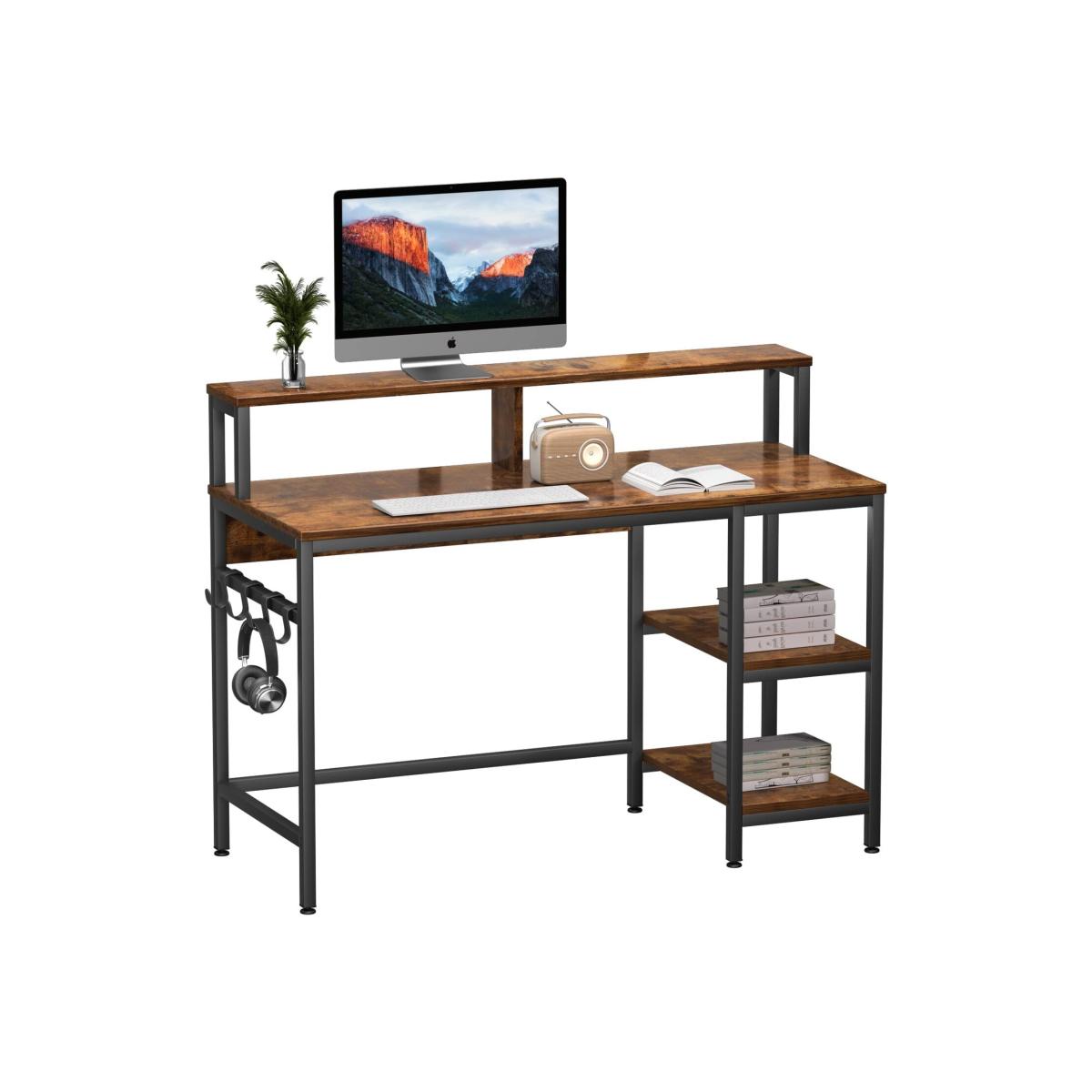 Gaming Computer Desk with Storage Shelves and Monitor Stand - Brown