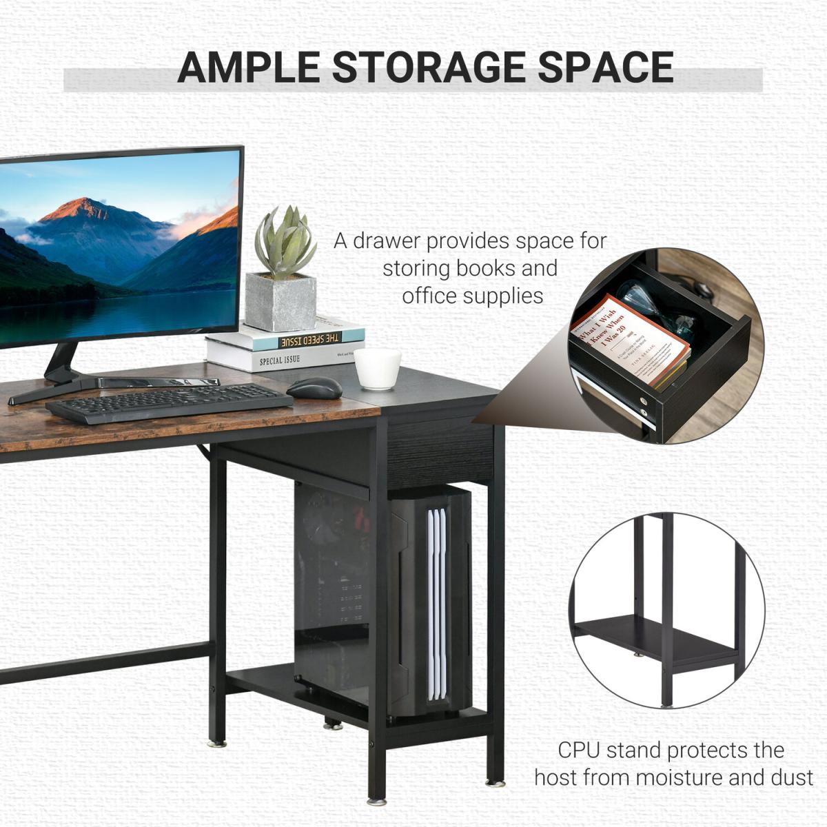 Computer Desk with CPU Stand and Storage Drawer - Rustic Brown & Black – image 3