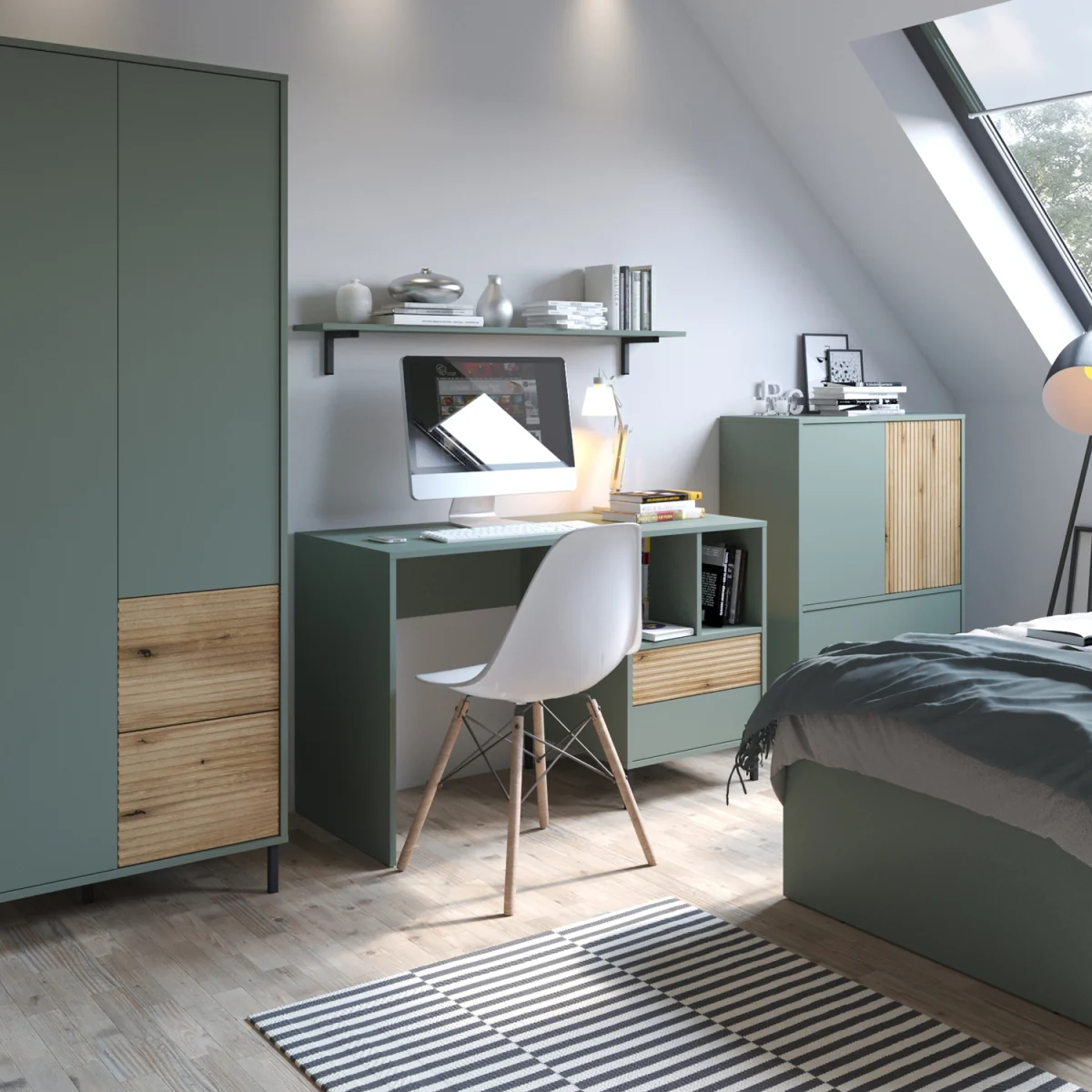 Darwin Desk 2 Drawer in Green/Oak - Green & Oak – image 3