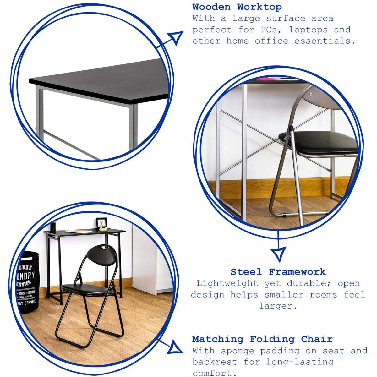 Compact Wooden Top Computer Desk  Folding Chair 2 Piece Set - Black/Black – image 2