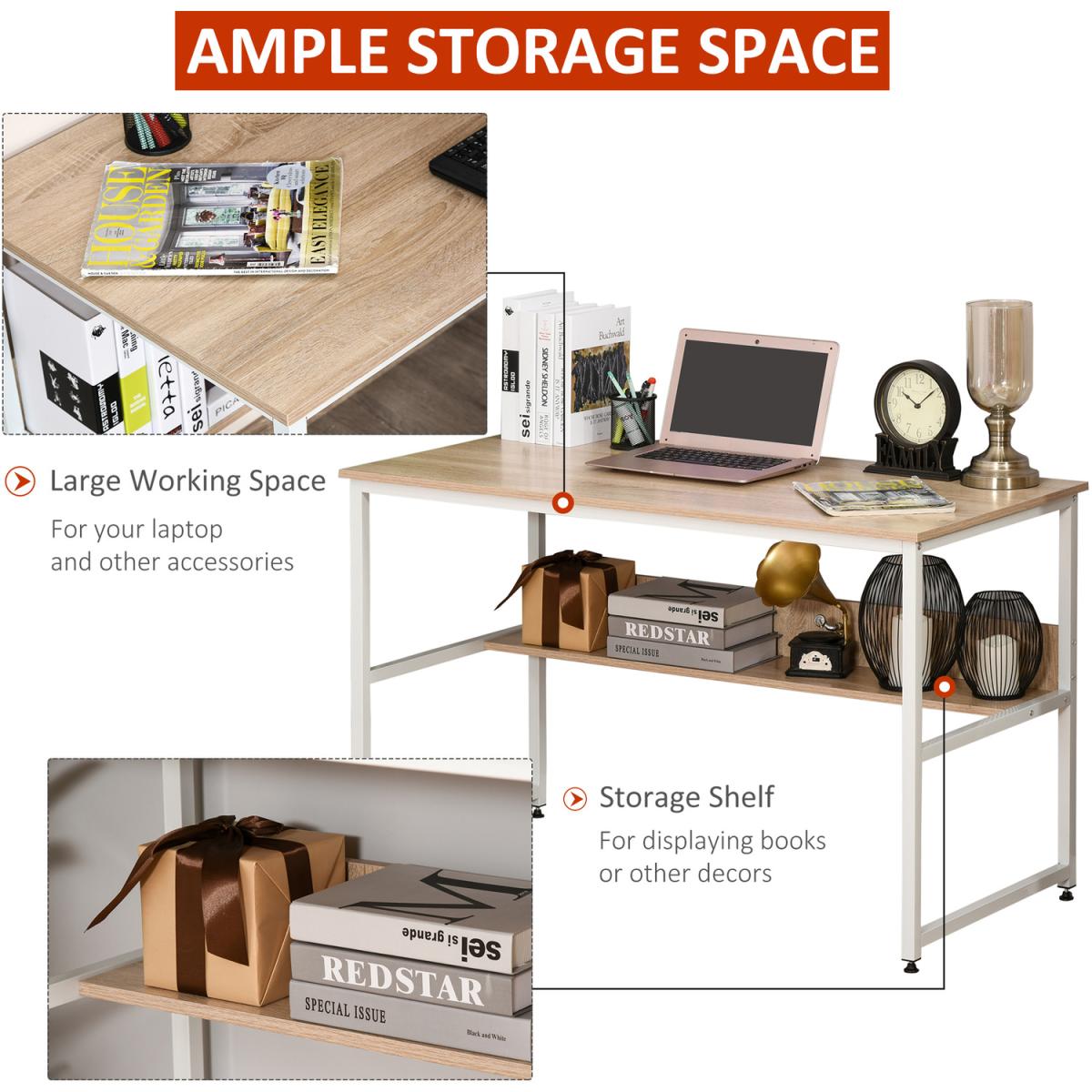 Two Tier Writing Desk with Storage Shelf - Brown Wood – image 23