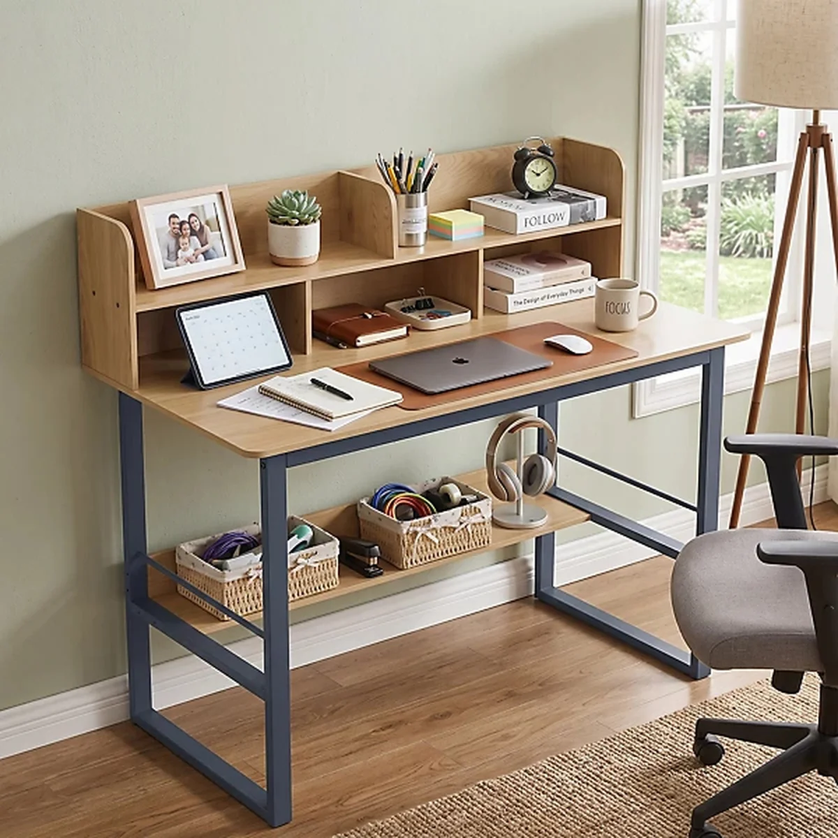 120cm Computer Desk with Storage Hutch Shelf - Oak – image 2