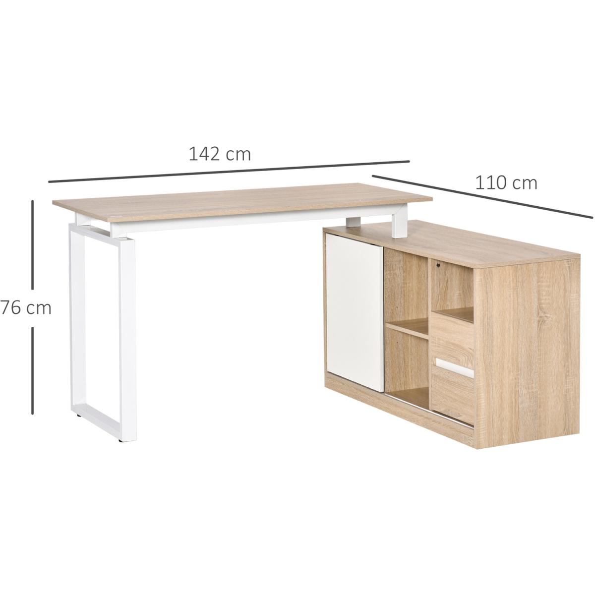 L-Shaped Desk with Shelf, Drawer Corner Table - Oak beige, White – image 3