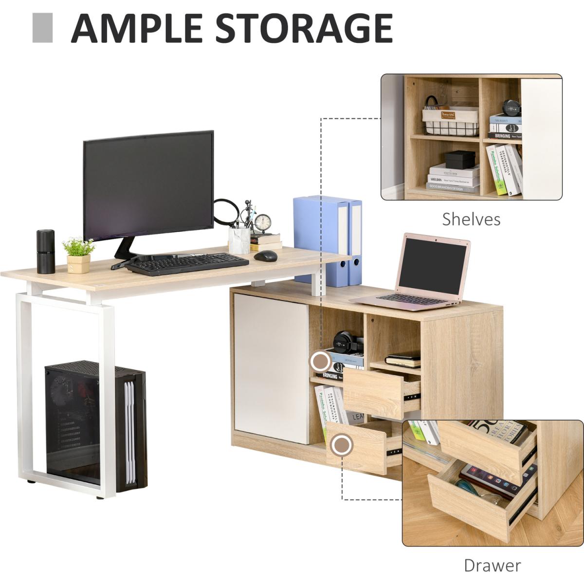 L-Shaped Desk with Shelf, Drawer Corner Table - Oak beige, White – image 4