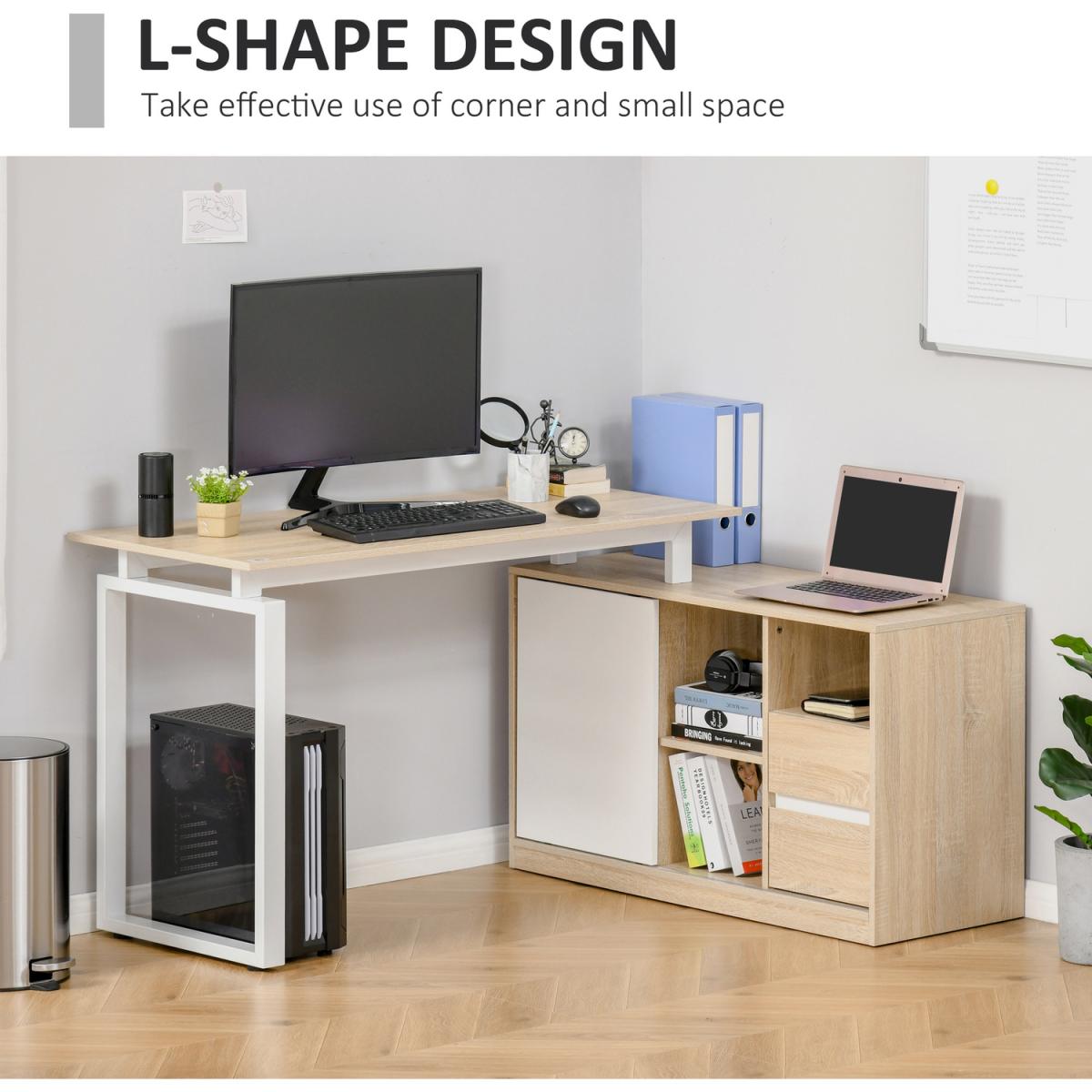 L-Shaped Desk with Shelf, Drawer Corner Table - Oak beige, White – image 5