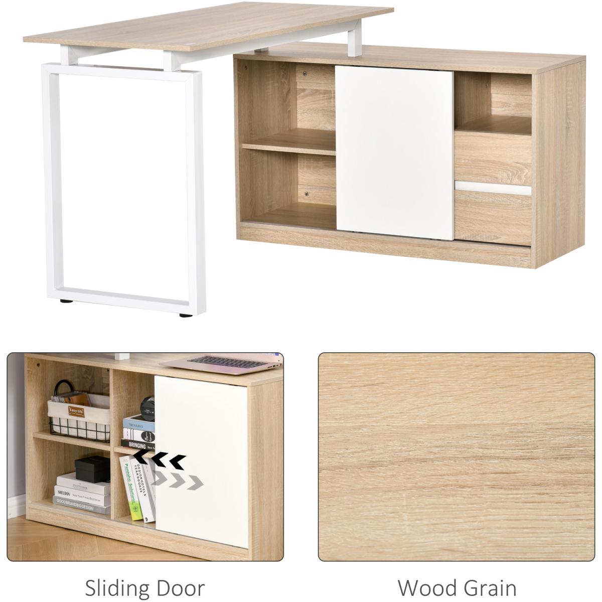 L-Shaped Desk with Shelf, Drawer Corner Table - Oak beige, White – image 6