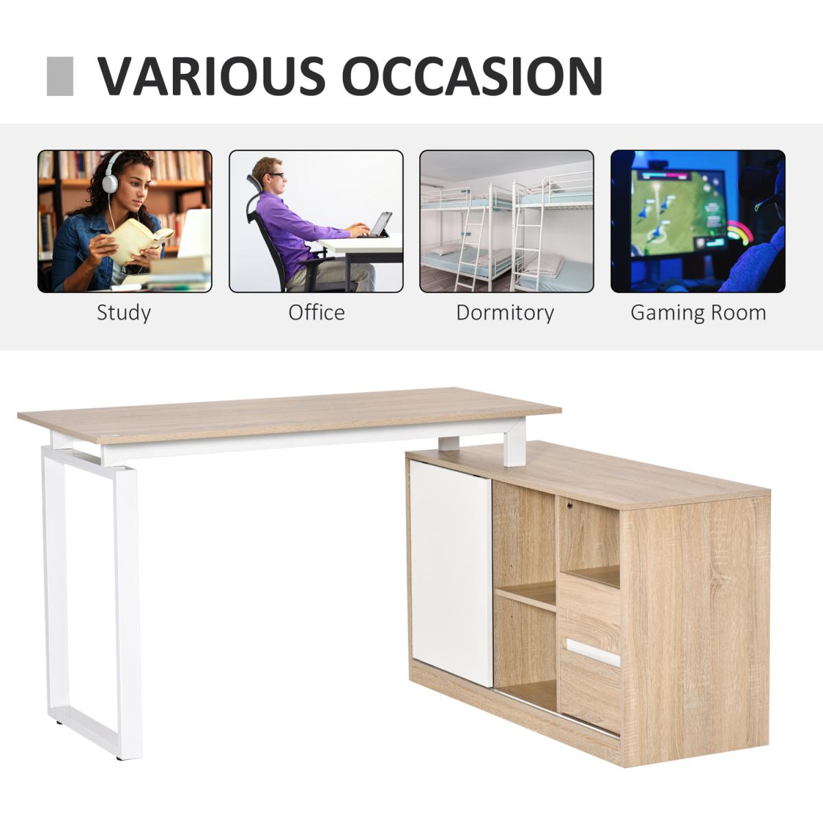 L-Shaped Desk with Shelf, Drawer Corner Table - Oak beige, White – image 7