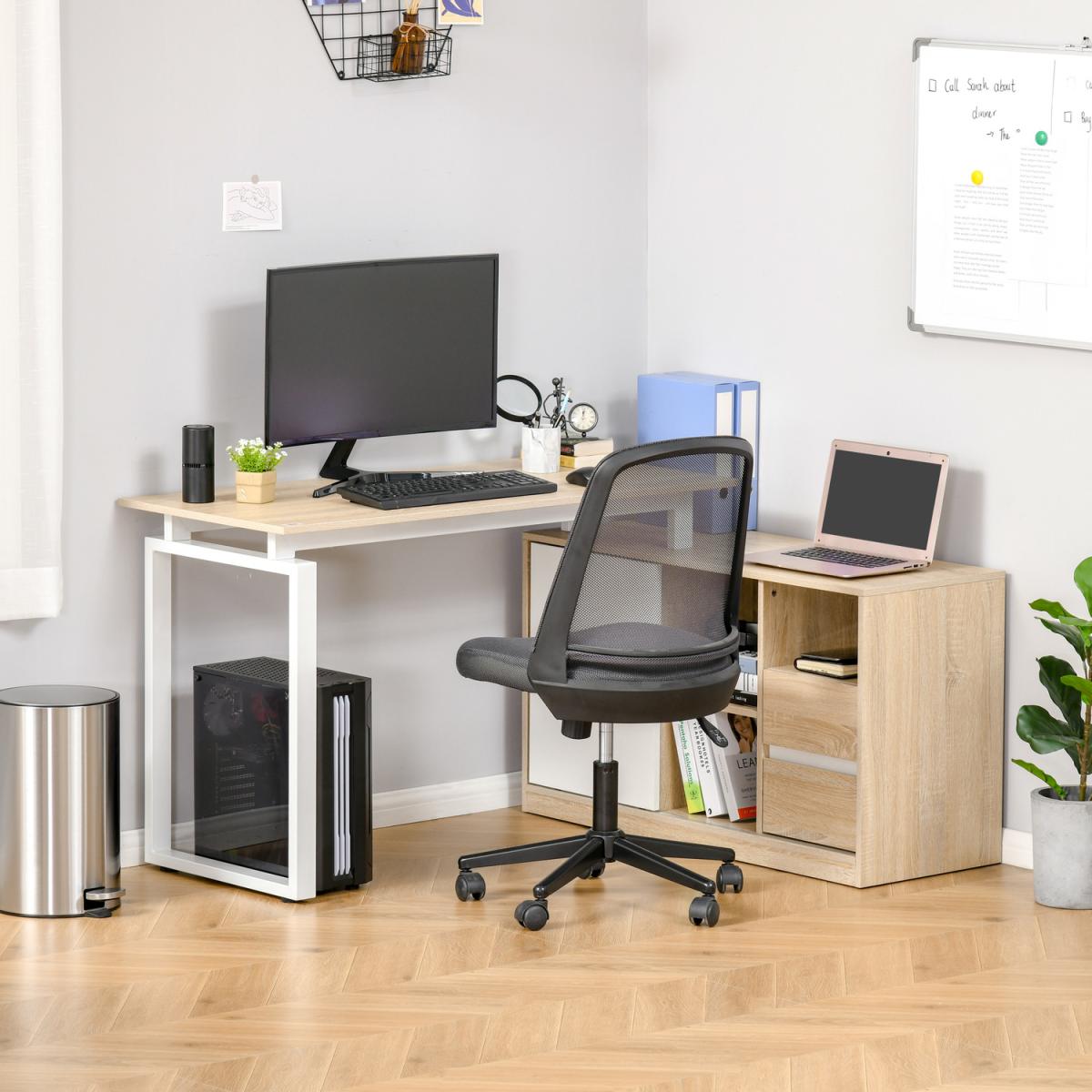 L-Shaped Desk with Shelf, Drawer Corner Table - Oak beige, White – image 9
