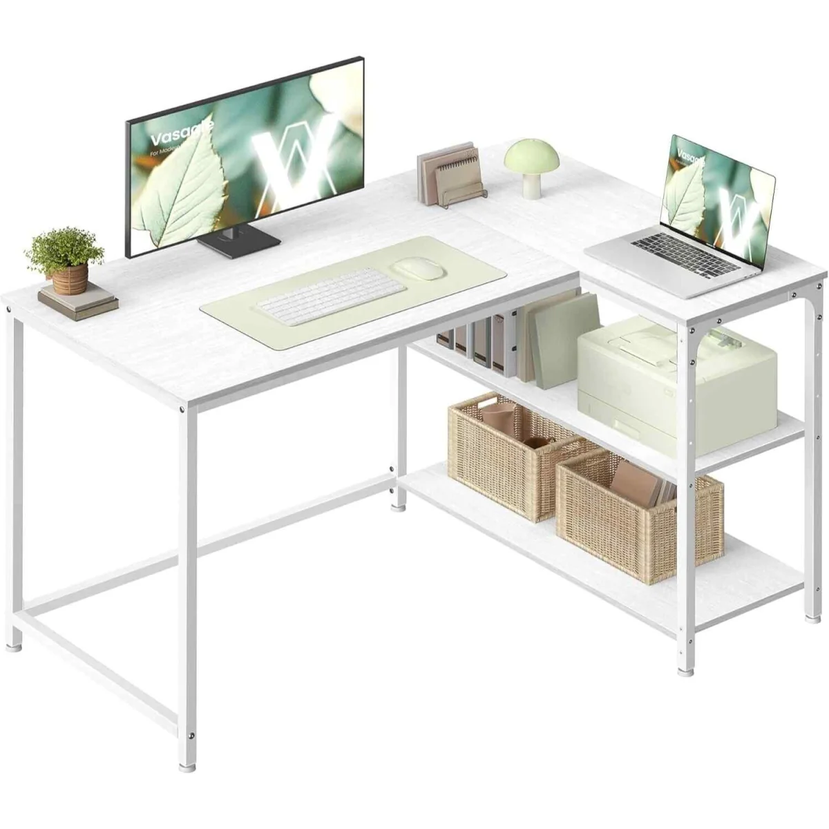 L Shaped Office Desk Storage Shelves, White - Maple White – image 4