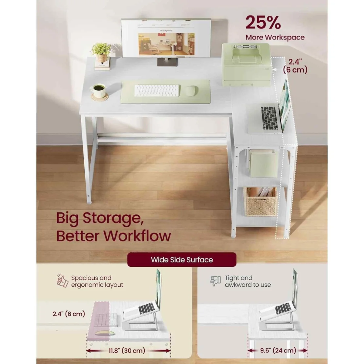L Shaped Office Desk Storage Shelves, White - Maple White – image 5