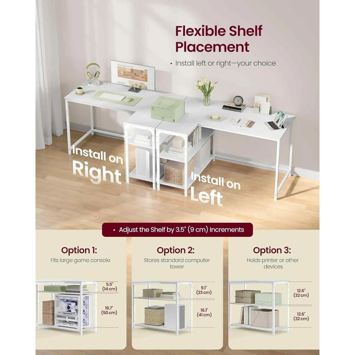 L Shaped Office Desk Storage Shelves, White - Maple White – image 6