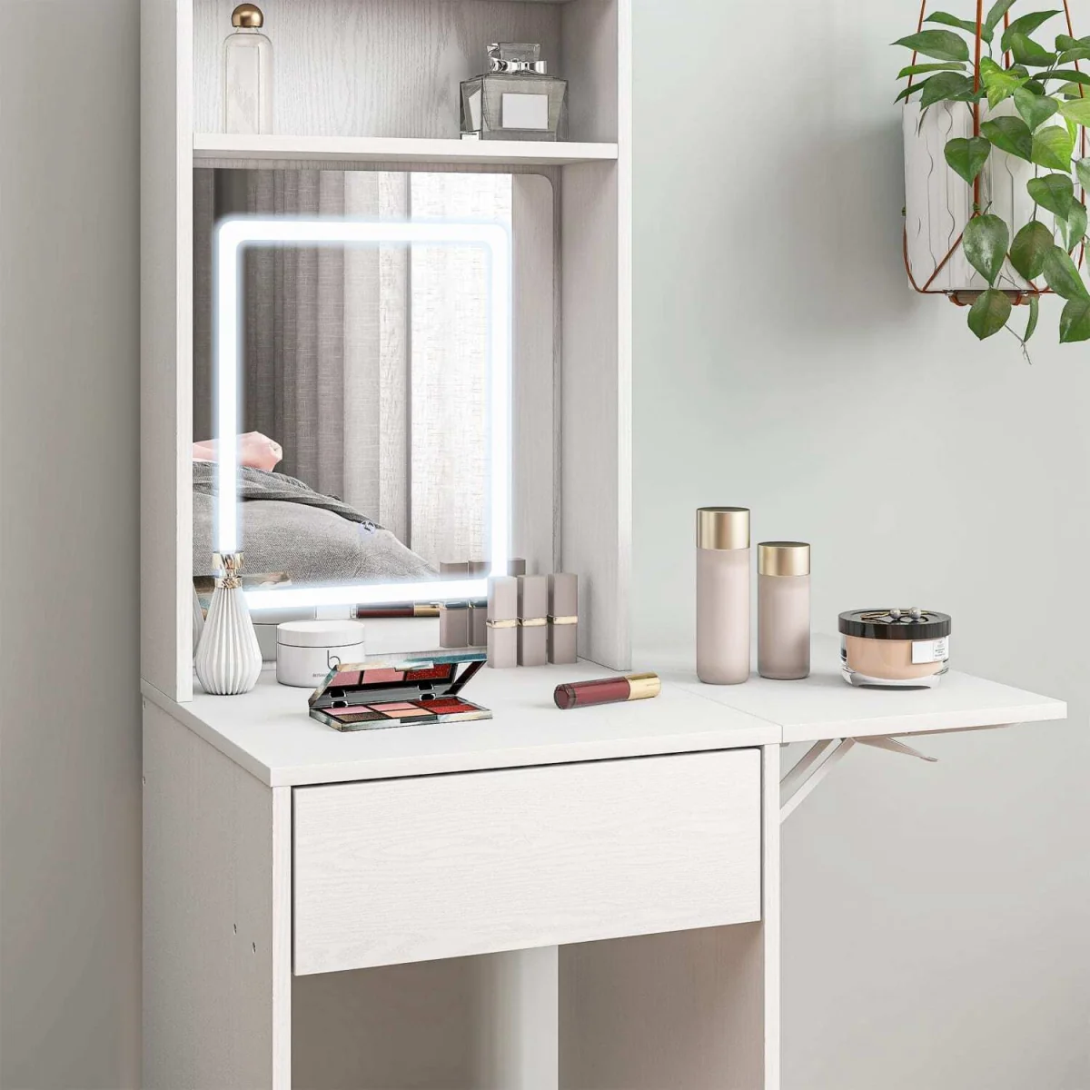 Ravitti White Compact Vanity Desk with LED Mirror, Drop Leaf and Open Shelves – image 2