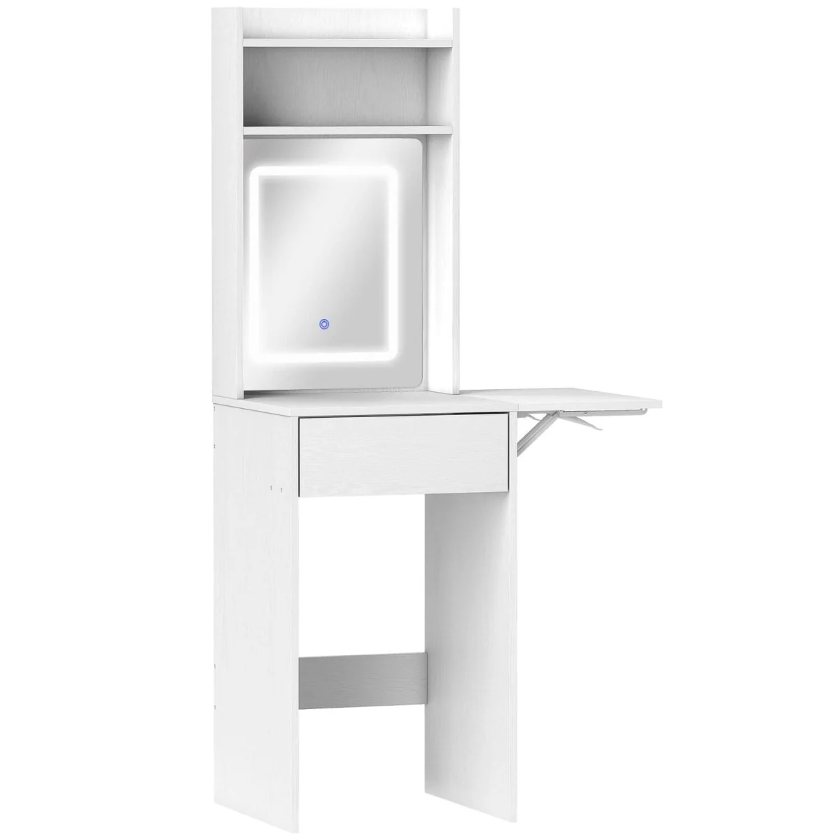 Ravitti White Compact Vanity Desk with LED Mirror, Drop Leaf and Open Shelves – image 3