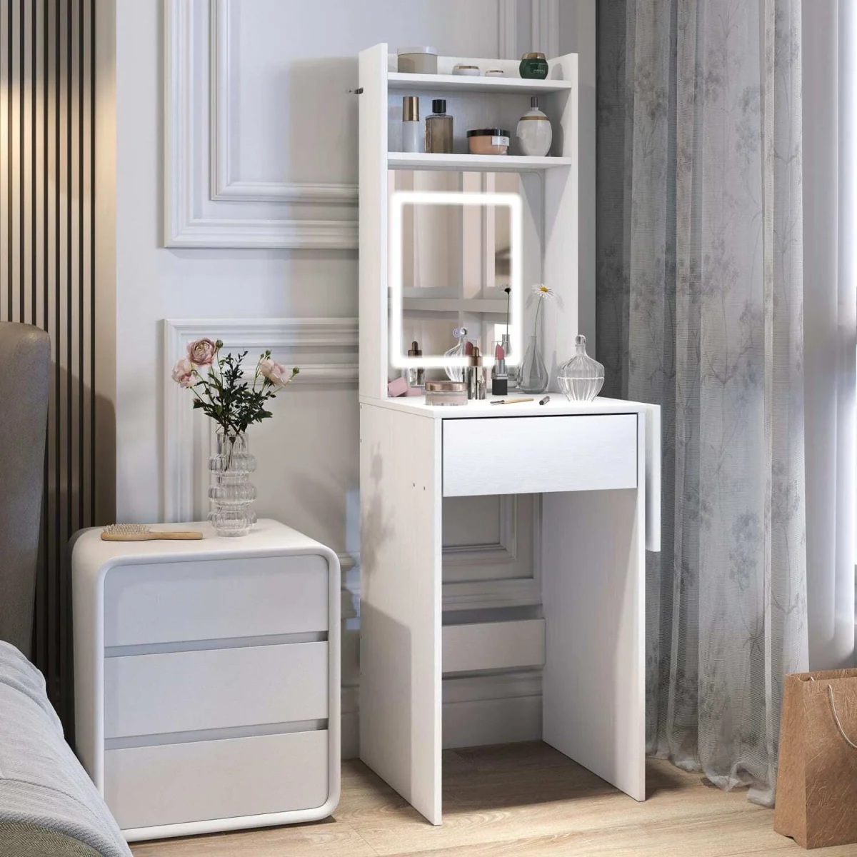 Ravitti White Compact Vanity Desk with LED Mirror, Drop Leaf and Open Shelves – image 4