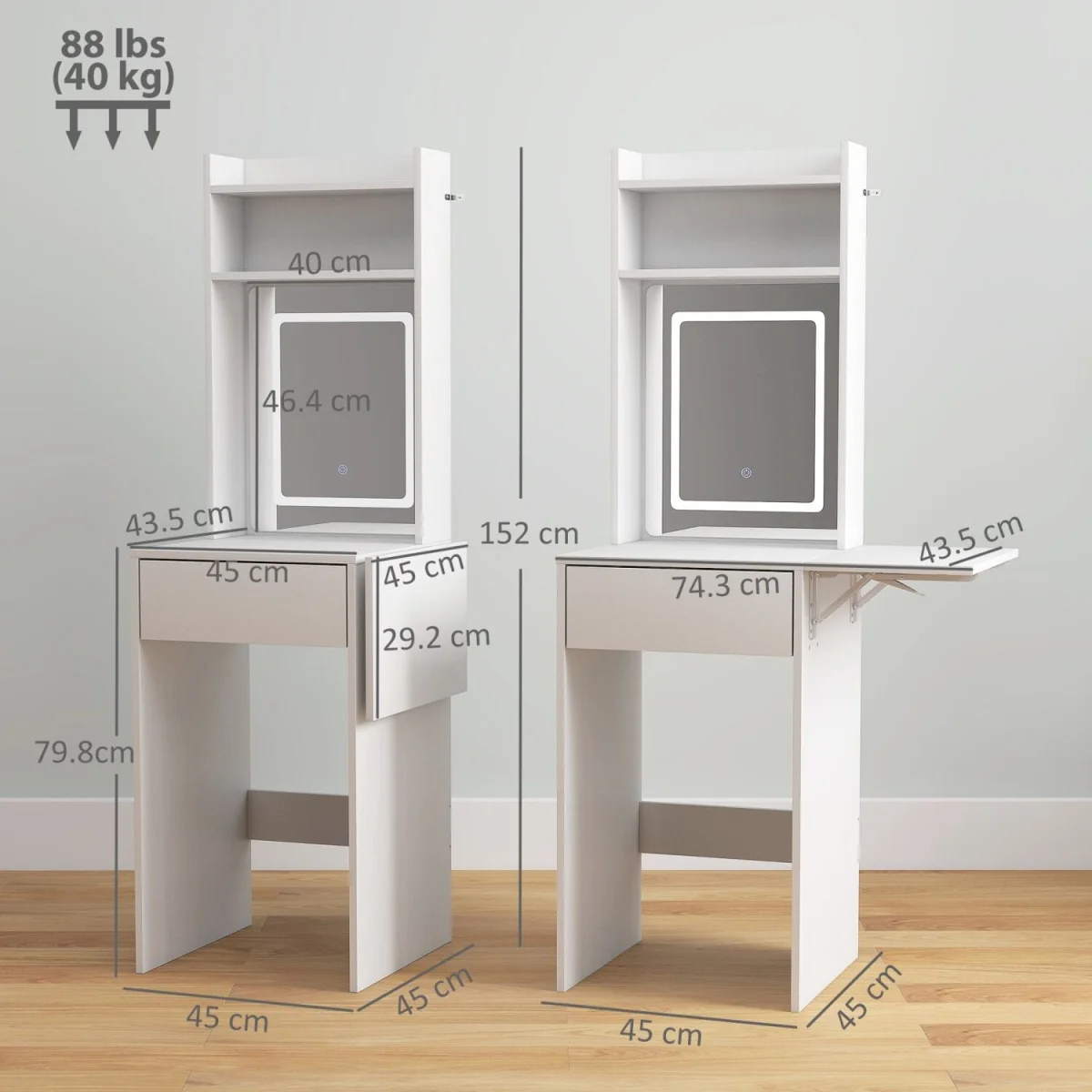 Ravitti White Compact Vanity Desk with LED Mirror, Drop Leaf and Open Shelves – image 5