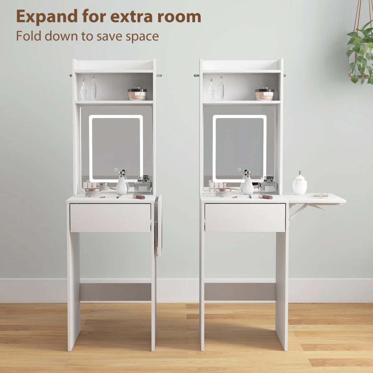 Ravitti White Compact Vanity Desk with LED Mirror, Drop Leaf and Open Shelves – image 6