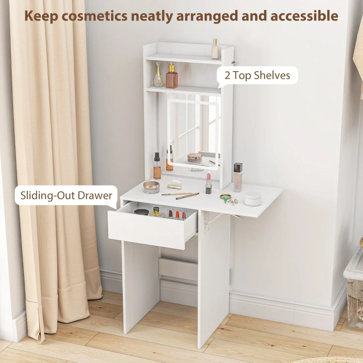 Ravitti White Compact Vanity Desk with LED Mirror, Drop Leaf and Open Shelves – image 7