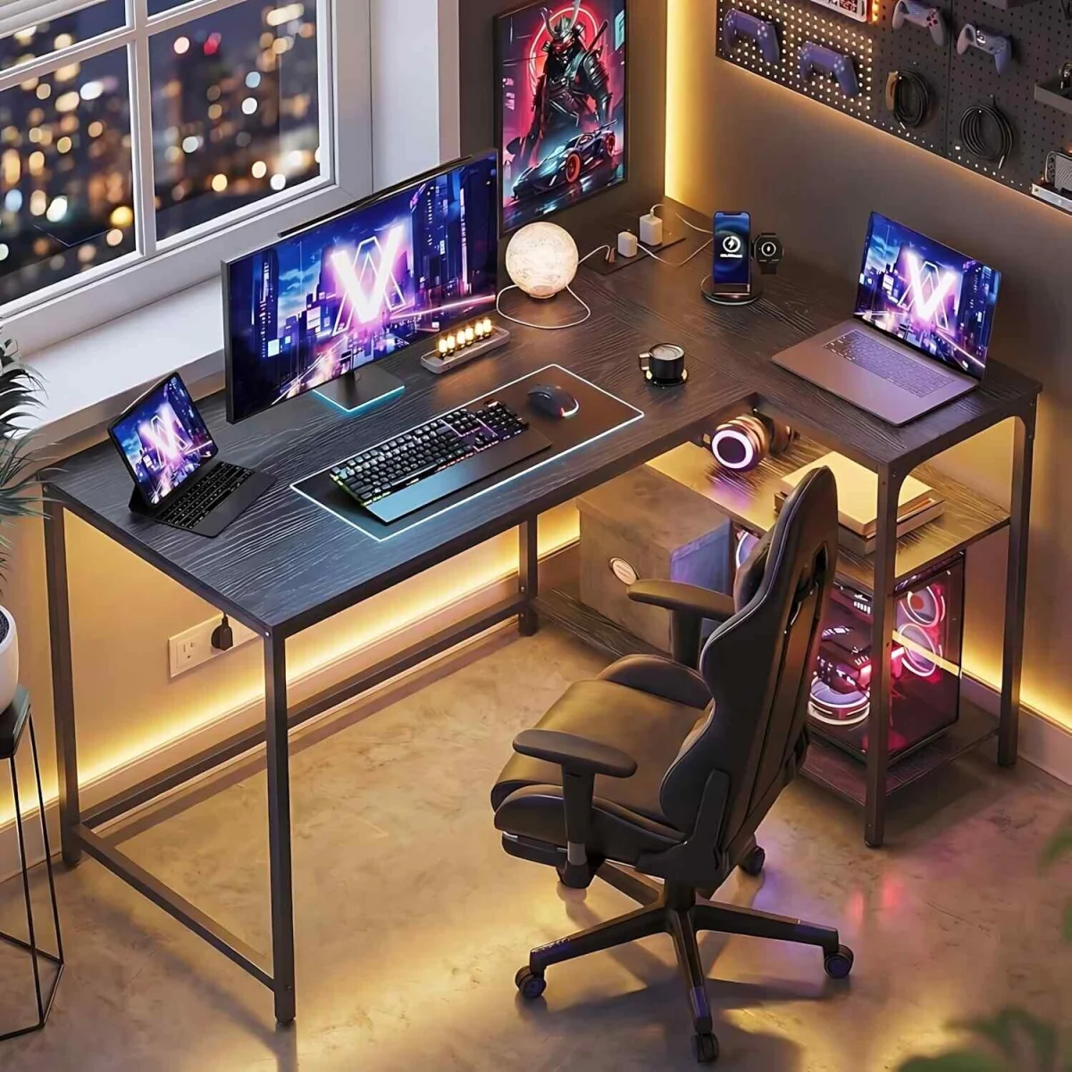 L Shaped Computer Desk with Power Outlets, Black - Ebony Black – image 2