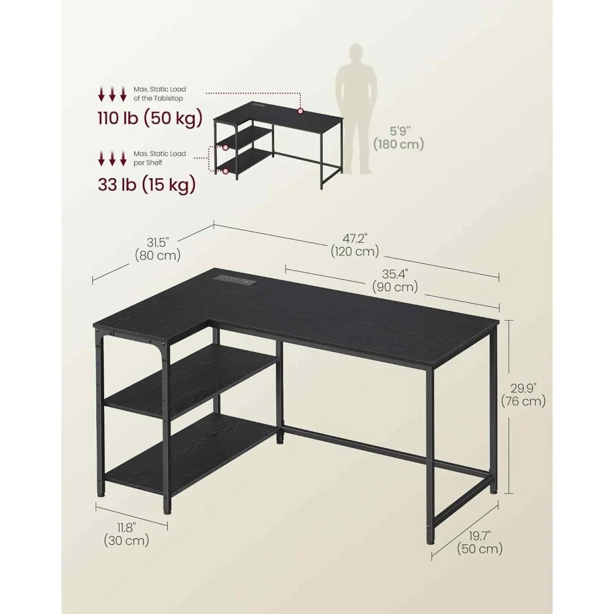 L Shaped Computer Desk with Power Outlets, Black - Ebony Black – image 4