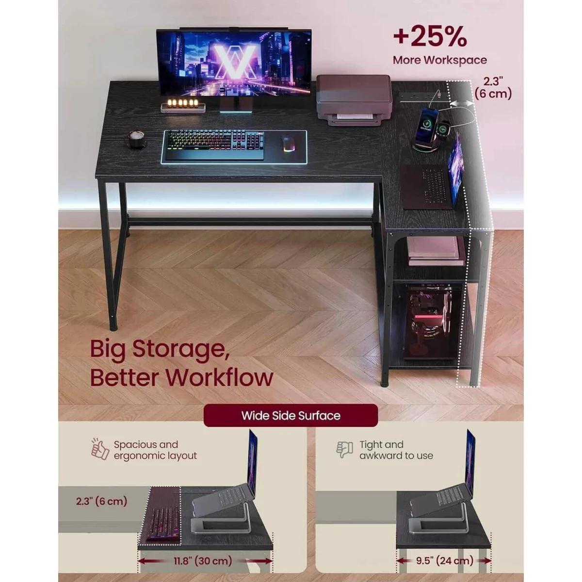 L Shaped Computer Desk with Power Outlets, Black - Ebony Black – image 5
